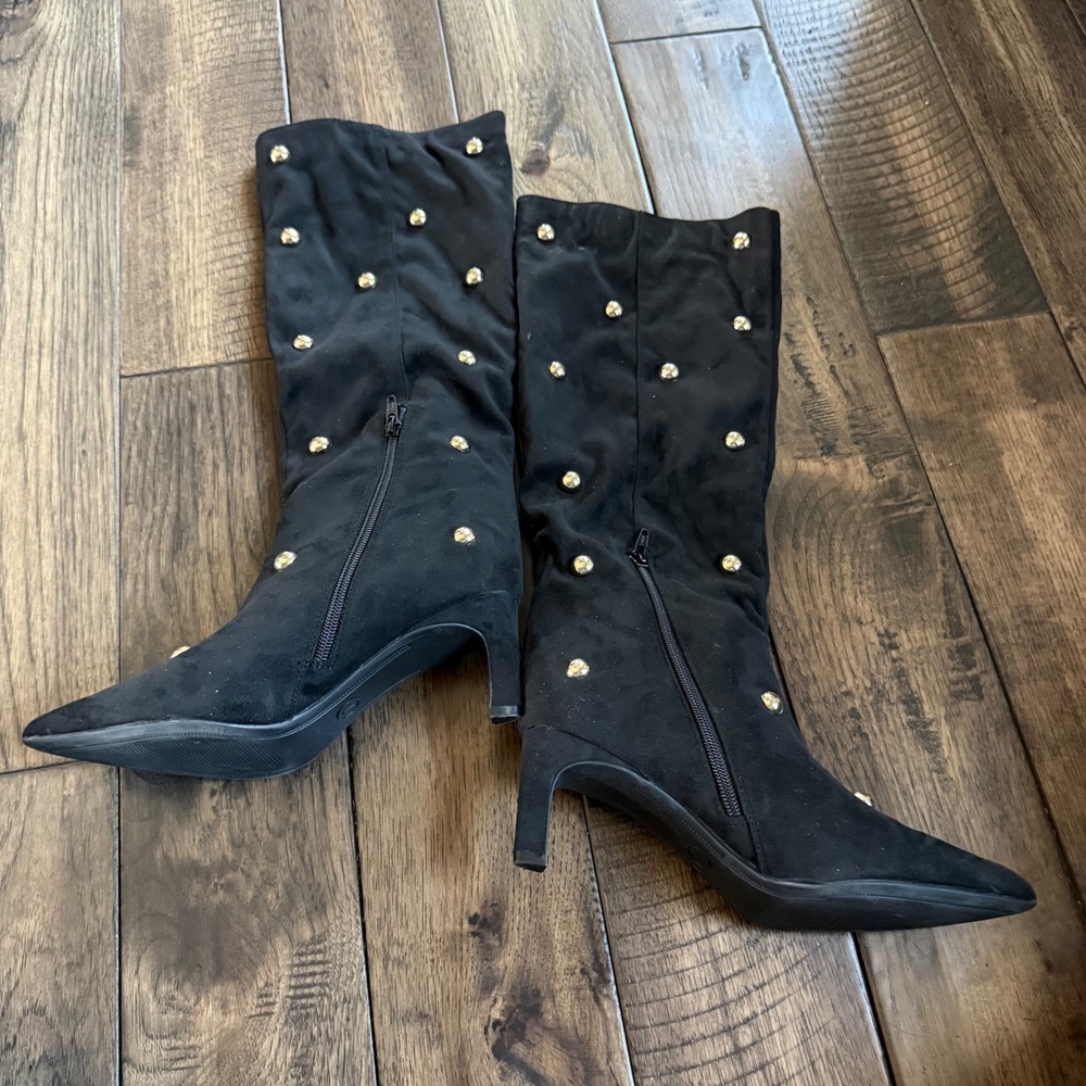 Target Women Black Faux Suede Studded Pointed Toe Heel Boots Size 7‎ Zip - Picture 4 of 10
